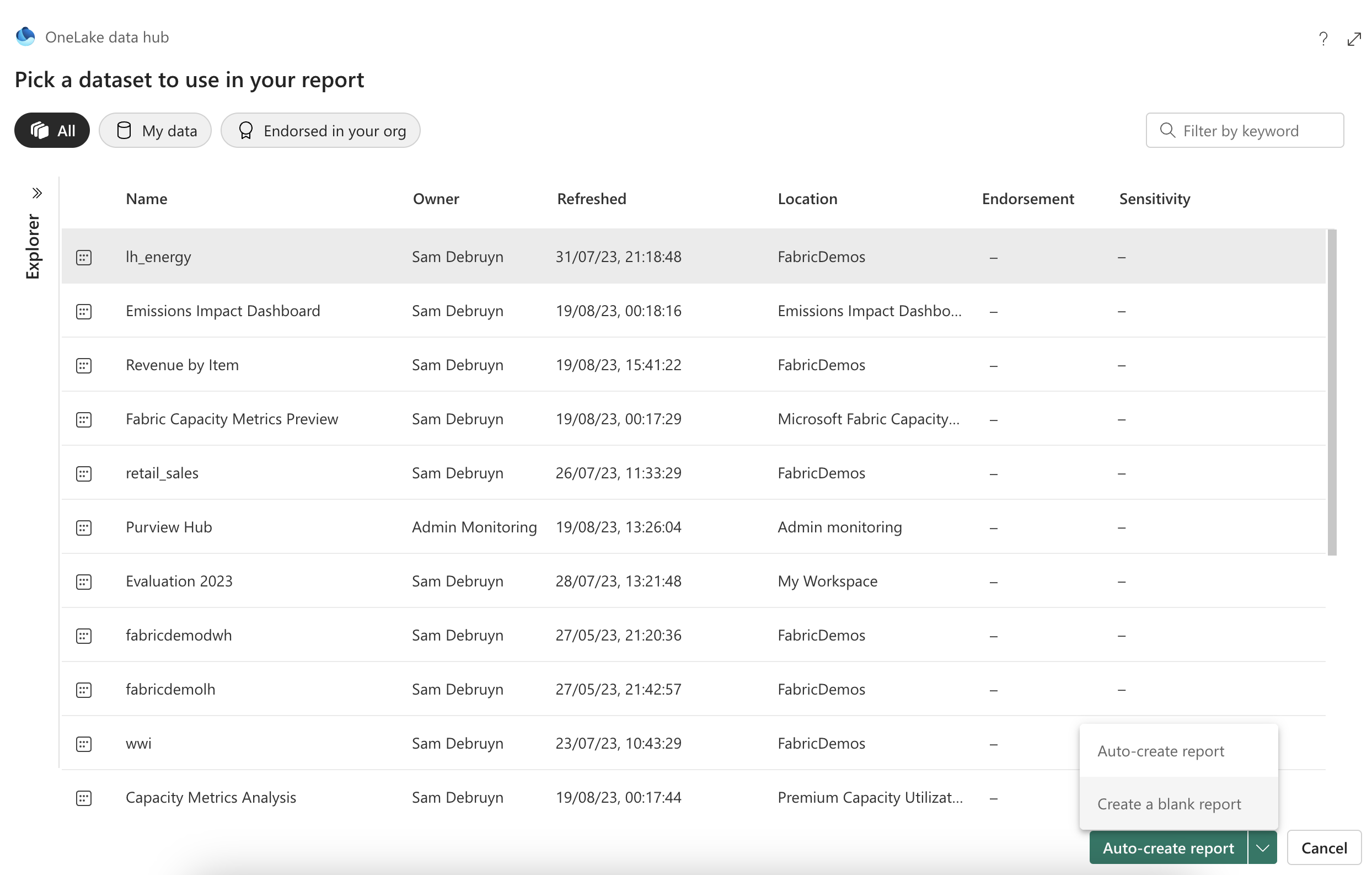 Selecting a dataset for the report