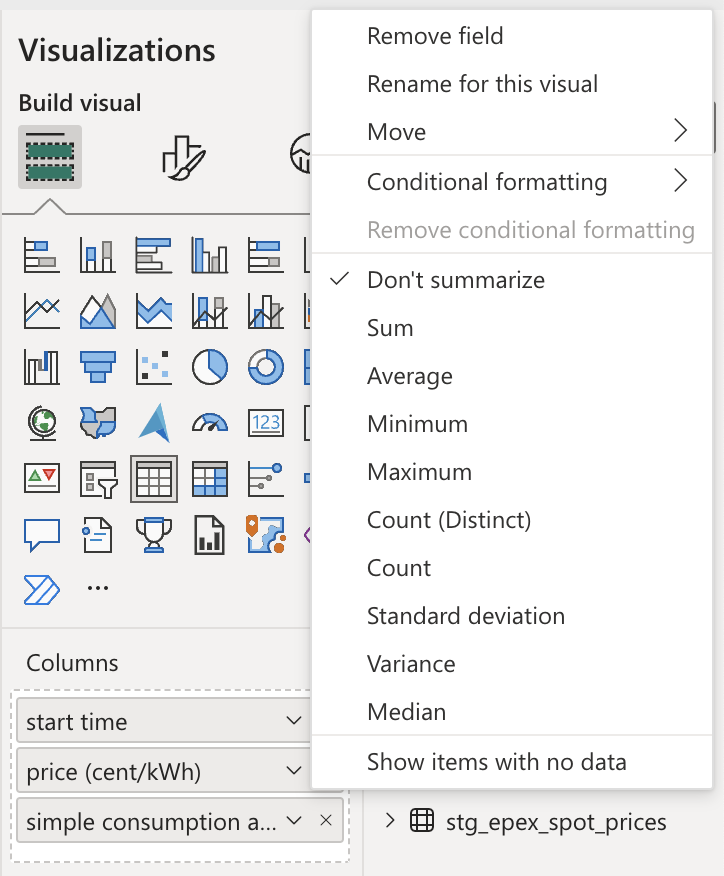 Configuring the table visualization