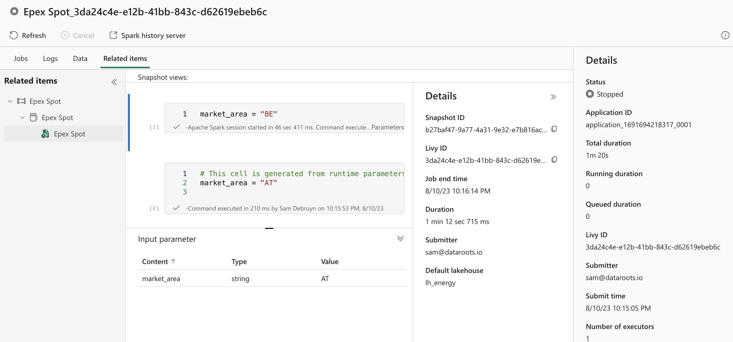 Execution details of a single Notebook run