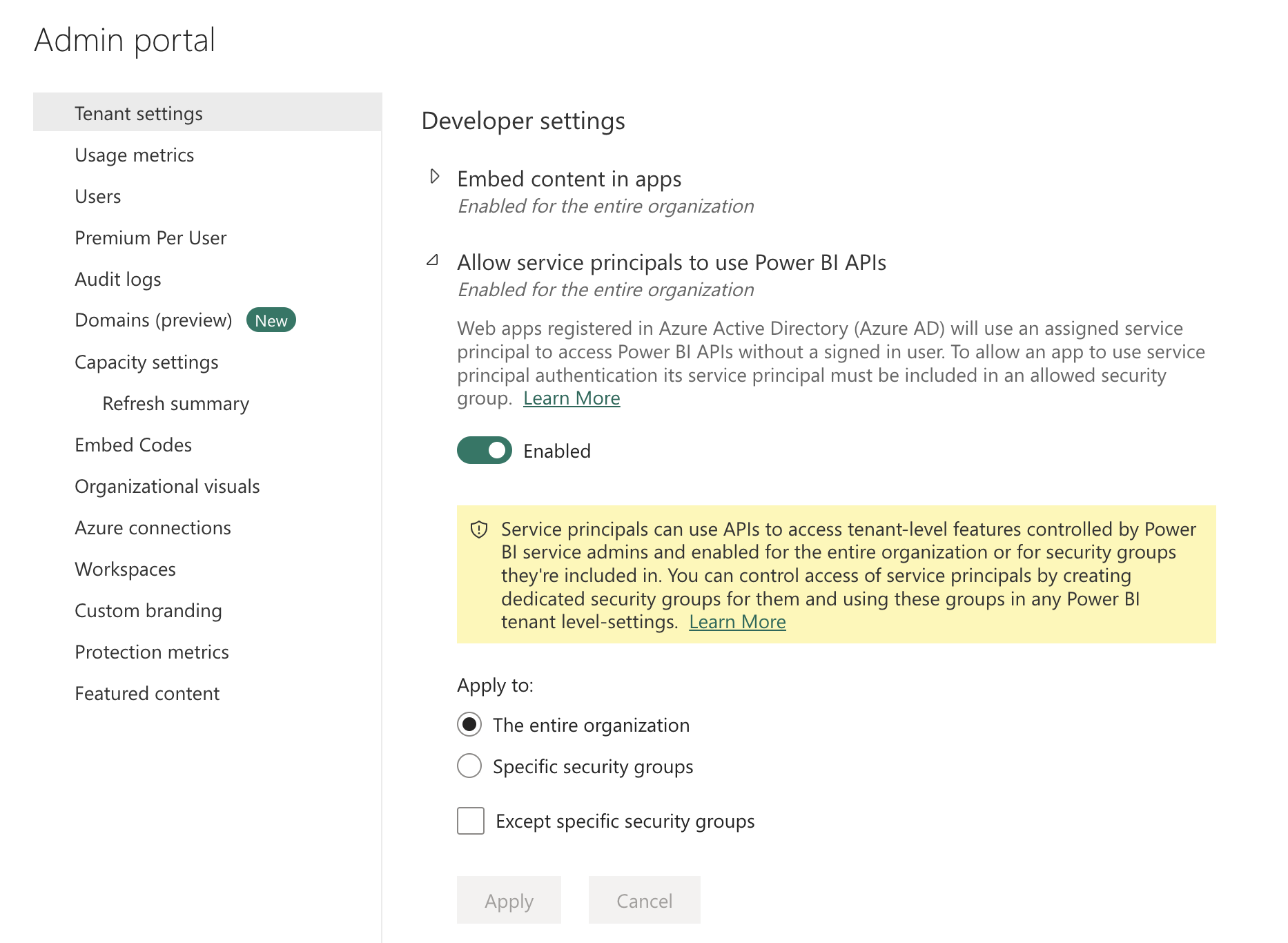 Allow service principals to use Power BI APIs