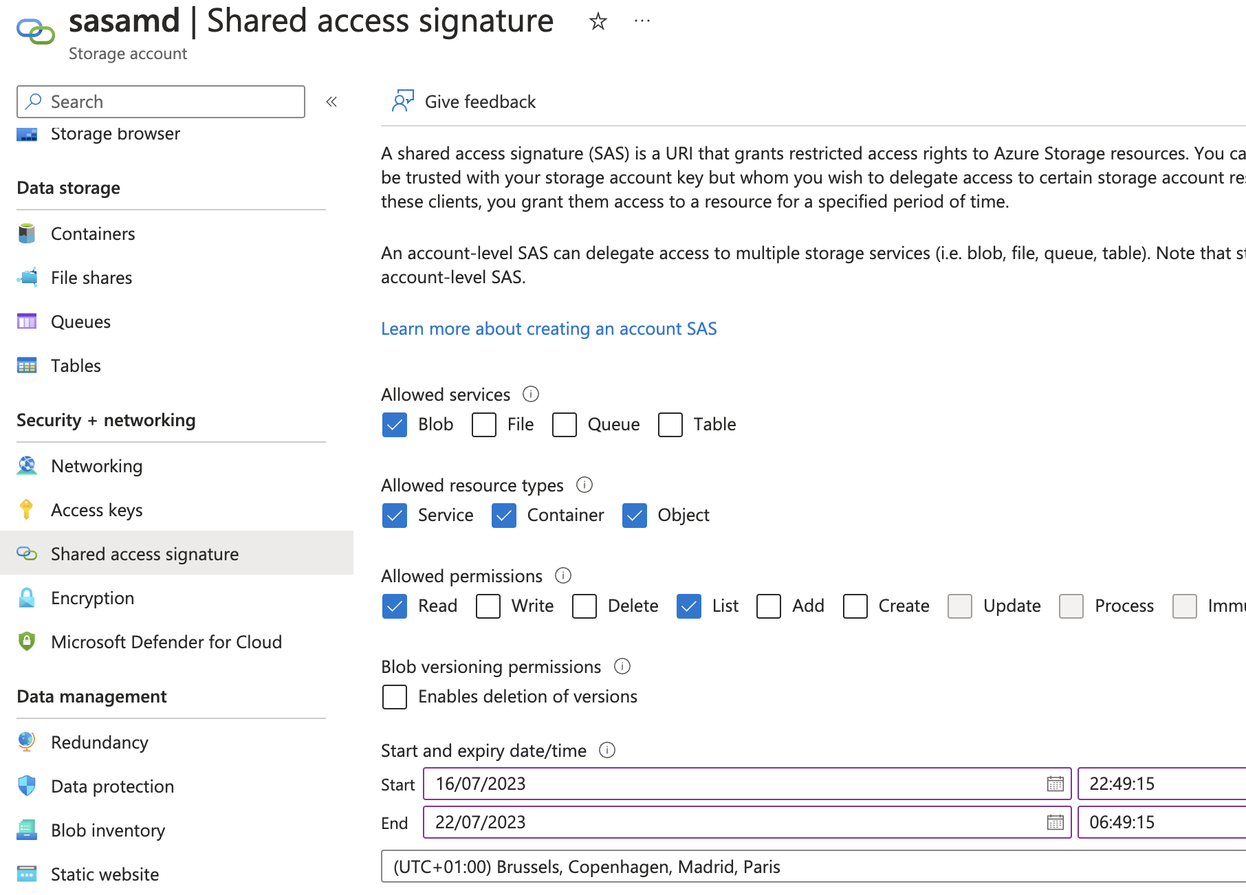 Generating a SAS token